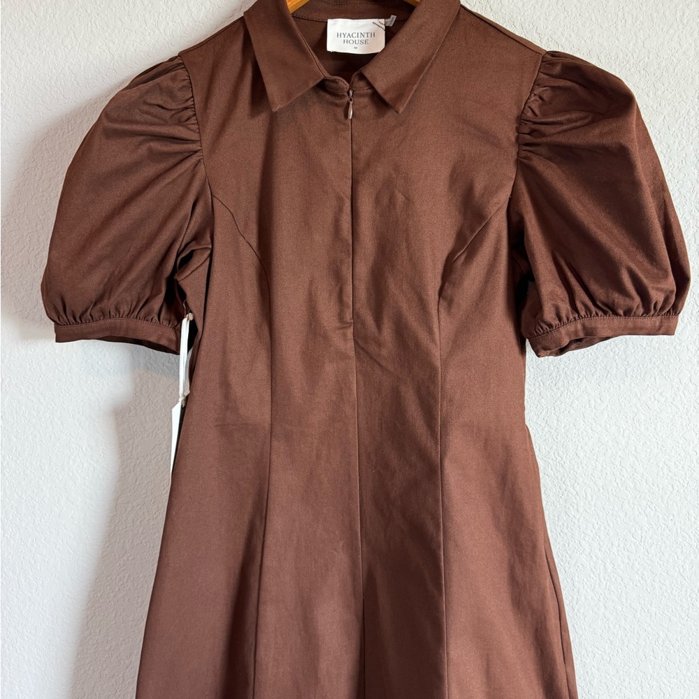 Tuckernuck Hyacinth House Chocolate Brown Puff Sleeve Denim Zip Midi Dress M - Picture 3 of 10